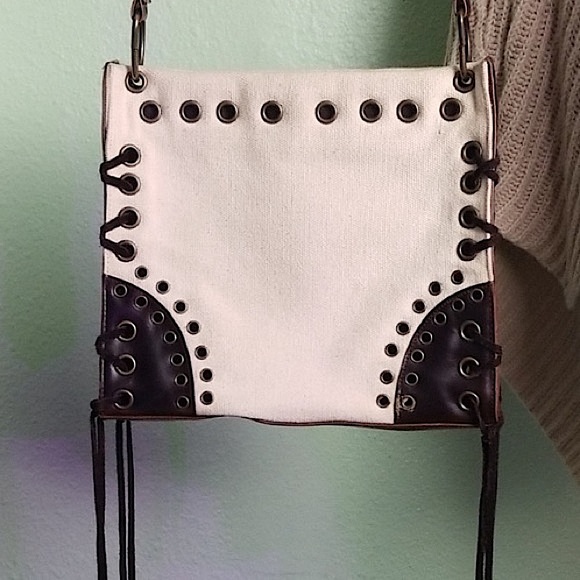 Unsure look for boho Leather canvas braided Crossbody Purse copper rings fringe - Picture 3 of 9